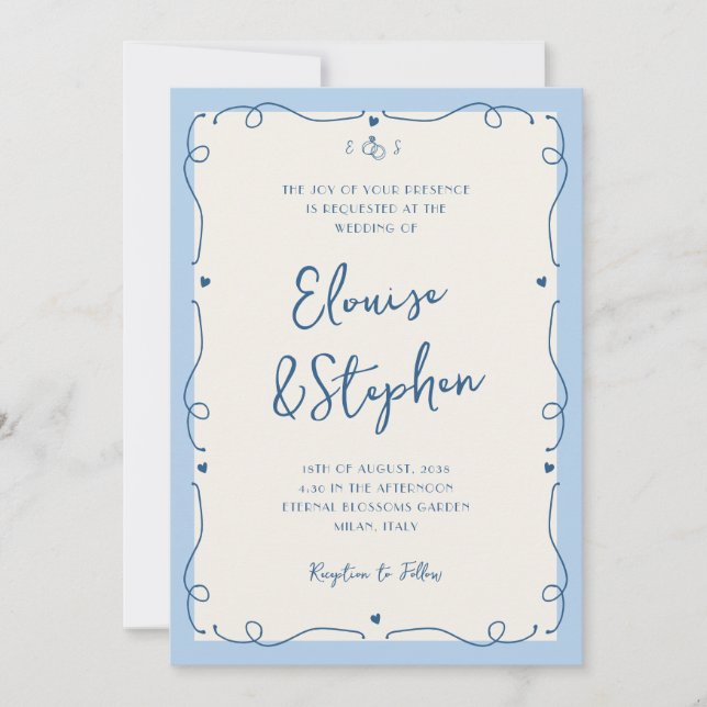 Whimsical Blue Handwritten Hand Drawn Wedding Invitation (Front)