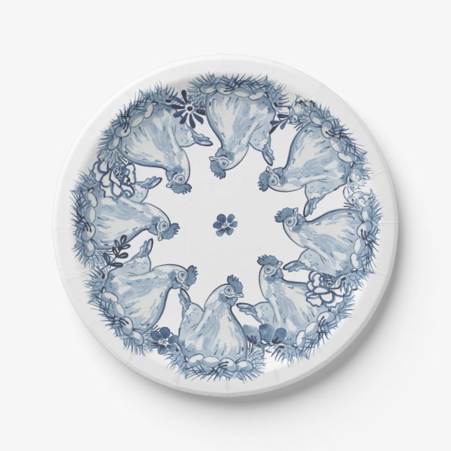 Whimsical Blue Hen Chicken, Nest Watercolor Delft Paper Plate (Front)
