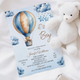 Whimsical Blue Hot Air Balloon Baby Boy Shower Invitation