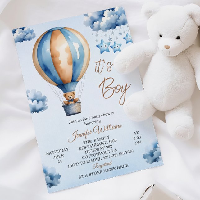 Whimsical Blue Hot Air Balloon Baby Boy Shower Invitation (Creator Uploaded)