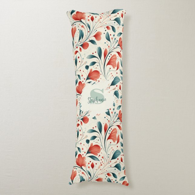 Whimsical Blue Leaf & Red Floral Pattern Body Cushion (Front Vertical)