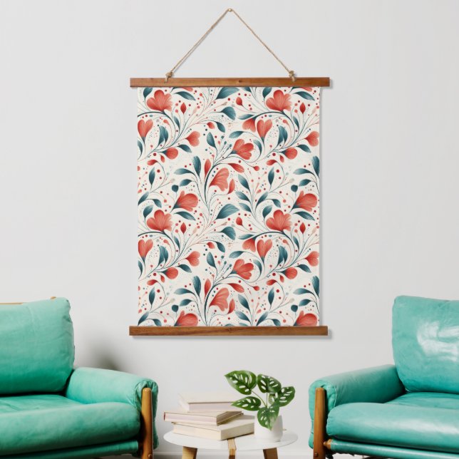 Whimsical Blue Leaf & Red Floral Pattern Hanging Tapestry (Living Room)
