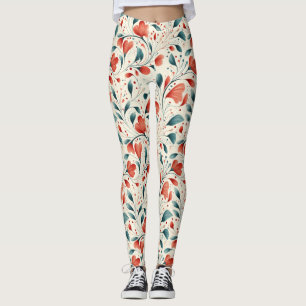 Whimsical Blue Leaf & Red Floral Pattern Leggings