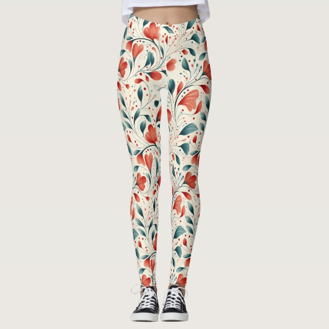 Whimsical Blue Leaf & Red Floral Pattern Leggings (Front)