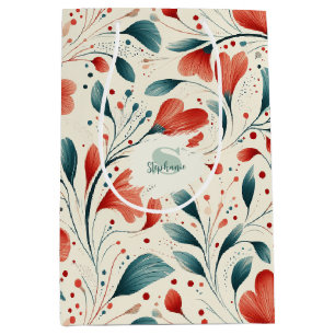 Whimsical Blue Leaf & Red Floral Pattern Medium Gift Bag