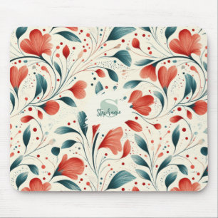 Whimsical Blue Leaf & Red Floral Pattern Mouse Mat