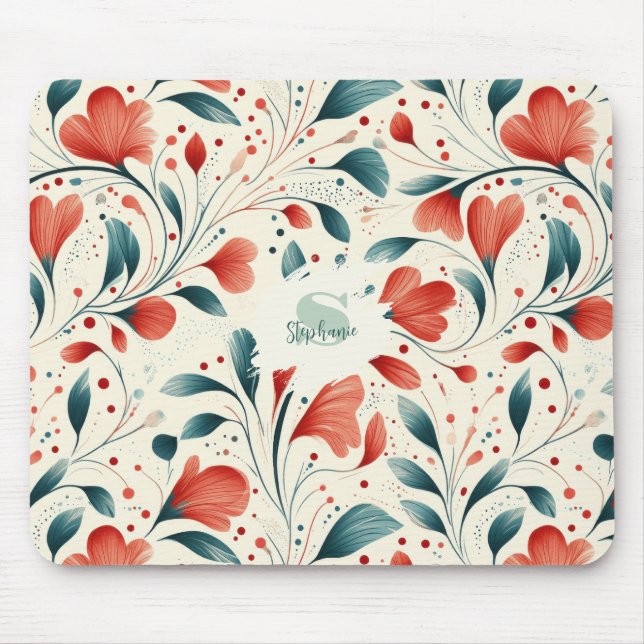 Whimsical Blue Leaf & Red Floral Pattern Mouse Mat (Front)