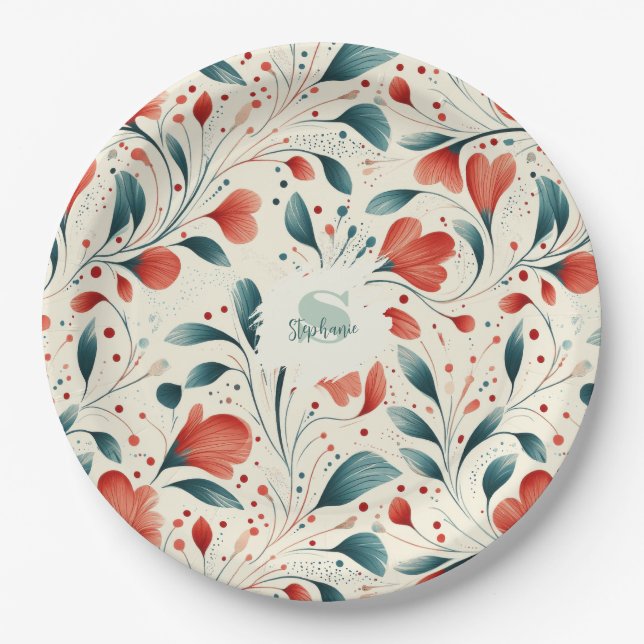 Whimsical Blue Leaf & Red Floral Pattern Paper Plate (Front)
