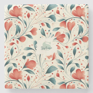 Whimsical Blue Leaf & Red Floral Pattern Stone Coaster