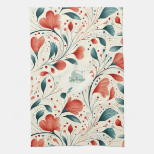 Whimsical Blue Leaf & Red Floral Pattern Tea Towel