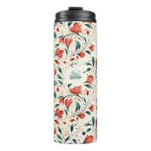Whimsical Blue Leaf & Red Floral Pattern Thermal Tumbler