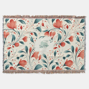 Whimsical Blue Leaf & Red Floral Pattern Throw Blanket