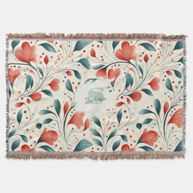 Whimsical Blue Leaf & Red Floral Pattern Throw Blanket (Front)