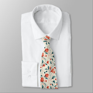 Whimsical Blue Leaf & Red Floral Pattern Tie