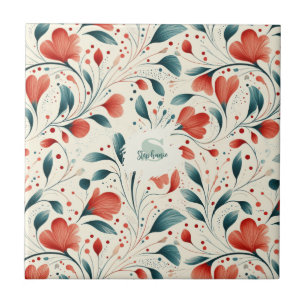 Whimsical Blue Leaf & Red Floral Pattern Tile
