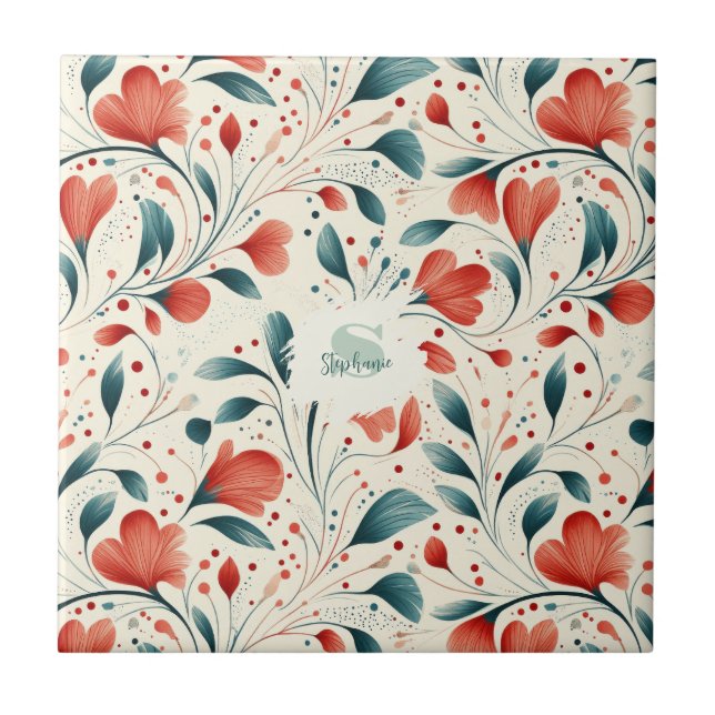 Whimsical Blue Leaf & Red Floral Pattern Tile (Front)