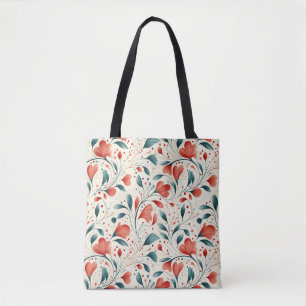 Whimsical Blue Leaf & Red Floral Pattern Tote Bag
