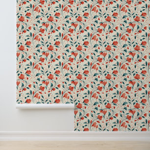 Whimsical Blue Leaf & Red Floral Pattern Wallpaper