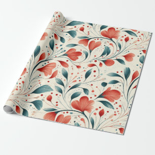 Whimsical Blue Leaf & Red Floral Pattern Wrapping Paper
