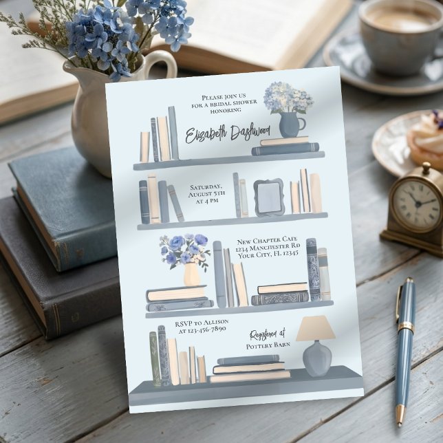 Whimsical Blue Library Bookshelf Bridal Shower Invitation (Creator Uploaded)