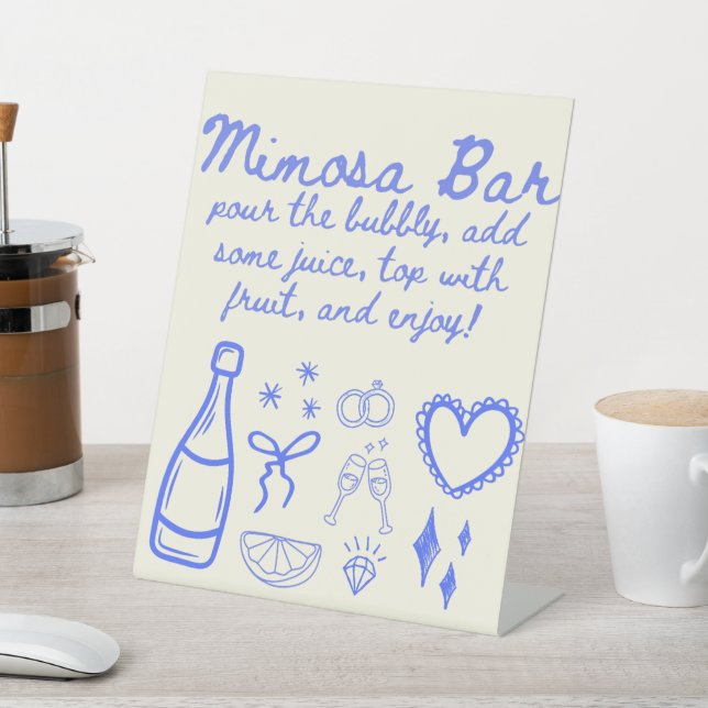 Whimsical Blue Mimosa Trendy Sketch Bridal Shower Pedestal Sign (In SItu)