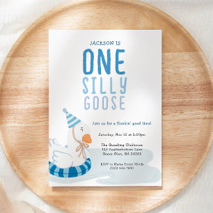 Whimsical Blue One Silly Goose First Birthday Invitation