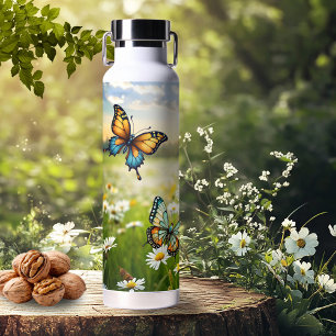 Whimsical Blue Orange Butterflies in Daisy Meadow Water Bottle