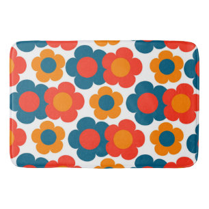 Whimsical Blue & Orange Floral Retro Cheerful Bath Mat
