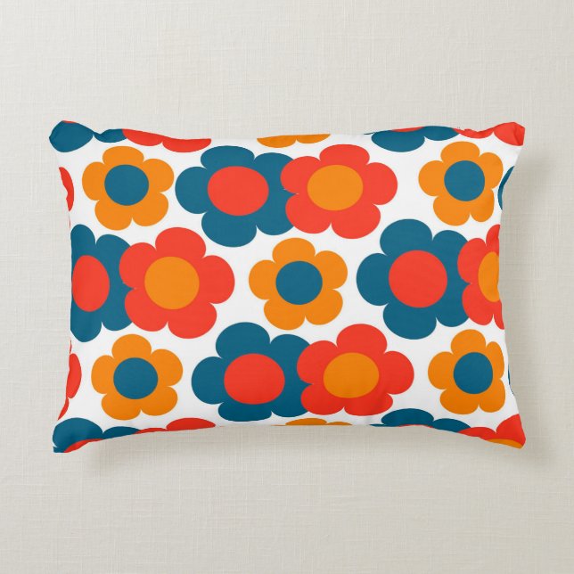 Whimsical Blue & Orange Floral Retro Cheerful Decorative Cushion (Front)