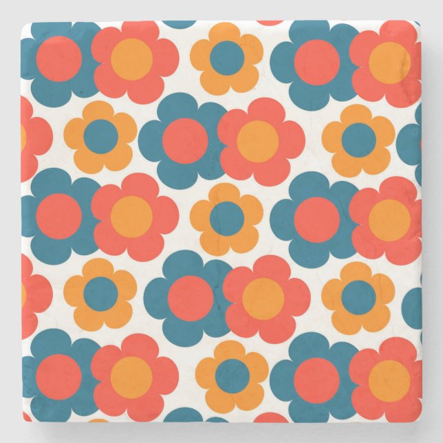 Whimsical Blue & Orange Floral Retro Cheerful Stone Coaster (Front)