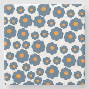 Whimsical Blue & Orange Floral Retro, Cheerful Stone Coaster