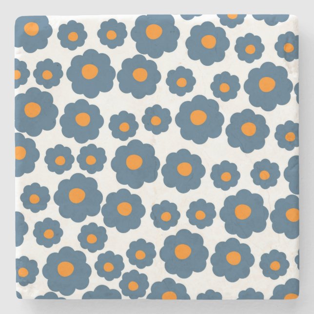 Whimsical Blue & Orange Floral Retro, Cheerful Stone Coaster (Front)