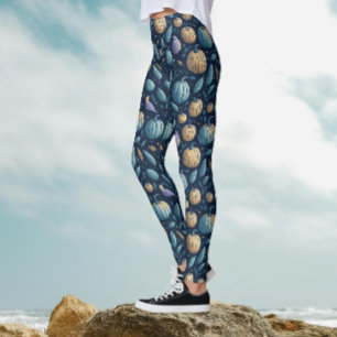 Whimsical Blue Orange Pumpkin Halloween Pattern  Leggings