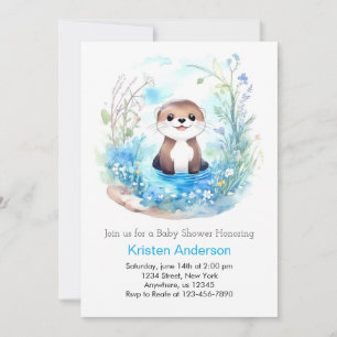 Whimsical Blue Otter Wildflower Boy Baby Shower Invitation