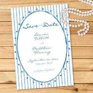 Whimsical Blue Oval Watercolor Stripe Wedding Save The Date