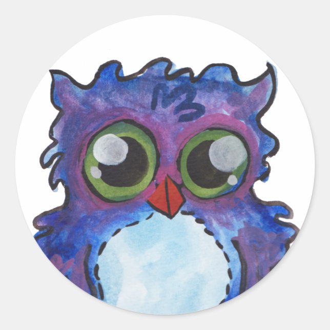 Whimsical Blue Owl Classic Round Sticker (Front)