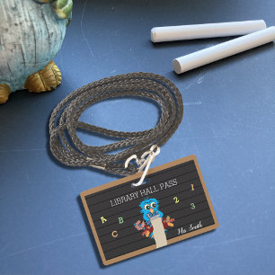 Whimsical Blue Owl Horizontal Hall Pass Badge ID Badge