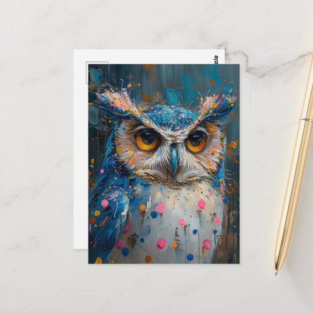 whimsical blue owl polka dot splatters postcard (Front/Back In Situ)
