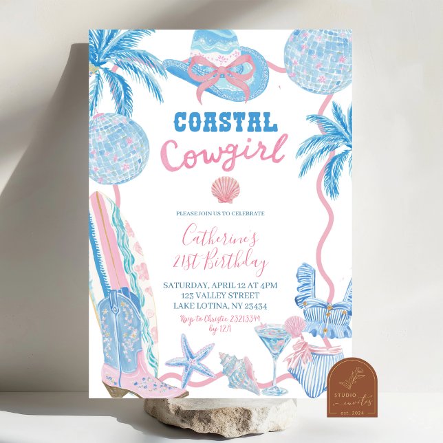 Whimsical Blue Pink Coastal Cowgirl Birthday Invit Invitation (Creator Uploaded)
