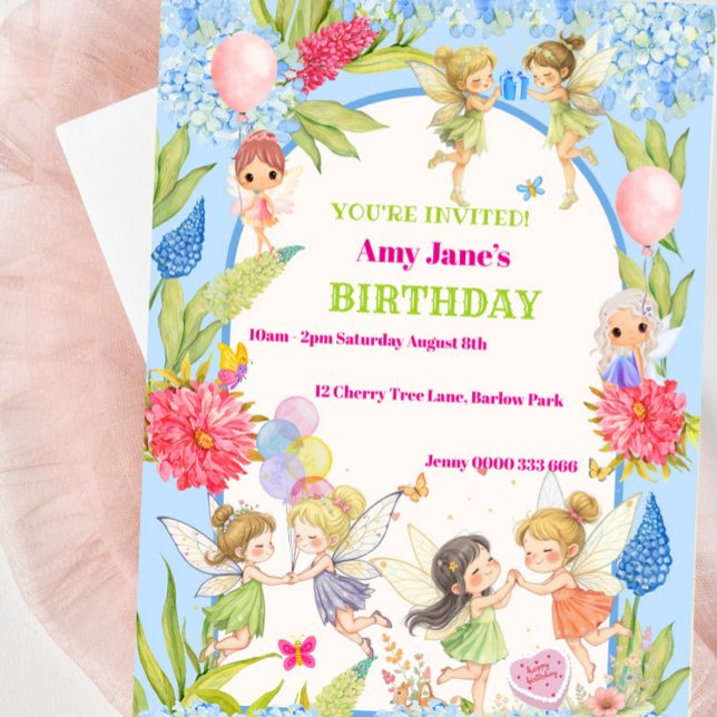 Whimsical Blue & Pink Fairy Birthday Invitation  (Pretty Blue and Pink Fairy Birthday Invitation For Girls Birthday Party)