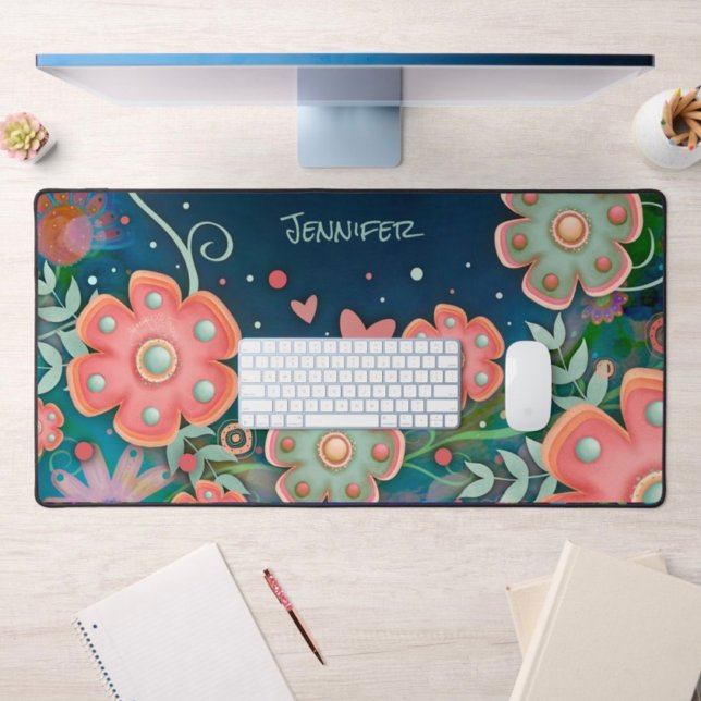 Whimsical Blue Pink Floral Heart Personalised Desk Mat (Creator Uploaded)