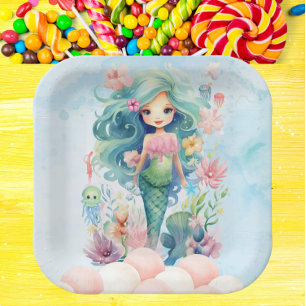 Whimsical Blue & Pink Mermaid Birthday Paper Plate