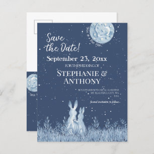 Whimsical Blue Rabbit Bunny Moon Stars Wedding  Announcement Postcard
