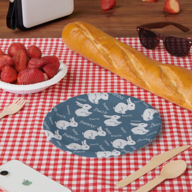Whimsical Blue Rabbit Duck Illusion Drawing Easter Paper Plate (Picnic)