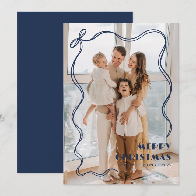 Whimsical Blue Ribbon Family Photo Merry Christmas Holiday Card (Front/Back)