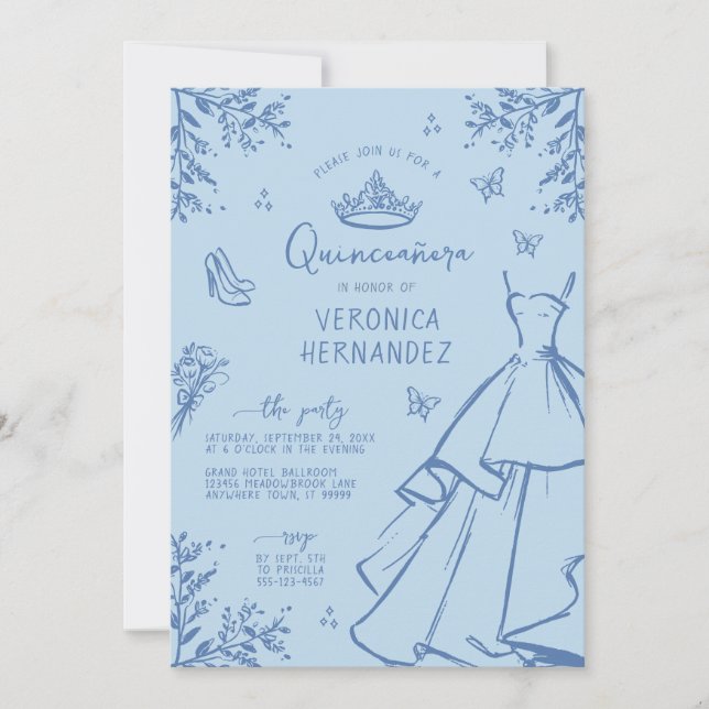 Whimsical Blue Scribble Quinceanera Invitation (Front)