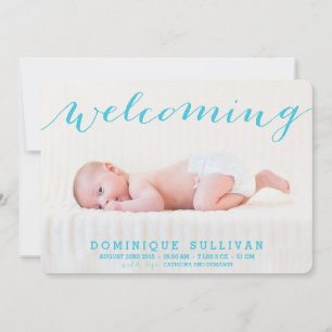 Whimsical Blue Script Photo Birth Announcement
