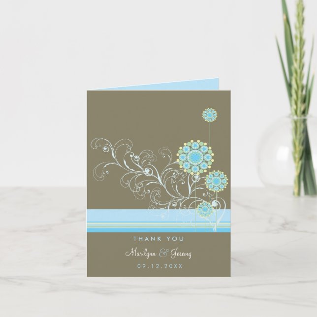 Whimsical Blue Snow Flower Swirls Elegant Wedding Thank You Card (Front)
