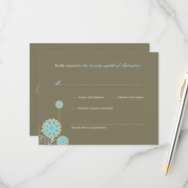 Whimsical Blue Snow Flower Swirls Winter Wedding RSVP Card (Front/Back In Situ)