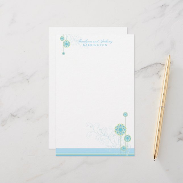 Whimsical Blue Snow Flower Swirls Winter Wedding Stationery (Front/Back In Situ)